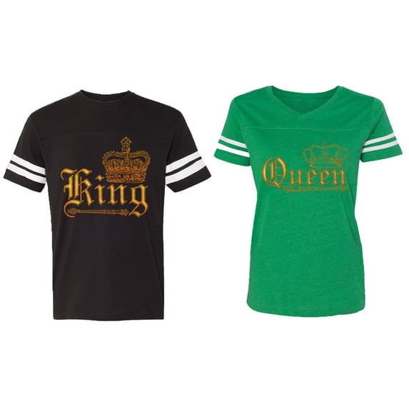 Wild King Queen Matching Couple Cotton Jerseys (Men Black / Women Green) (Men XL / Women XL)