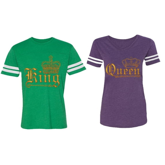 Wild King Queen Matching Couple Cotton Jerseys (Men Green / Women Purple) (Men XL / Women M)