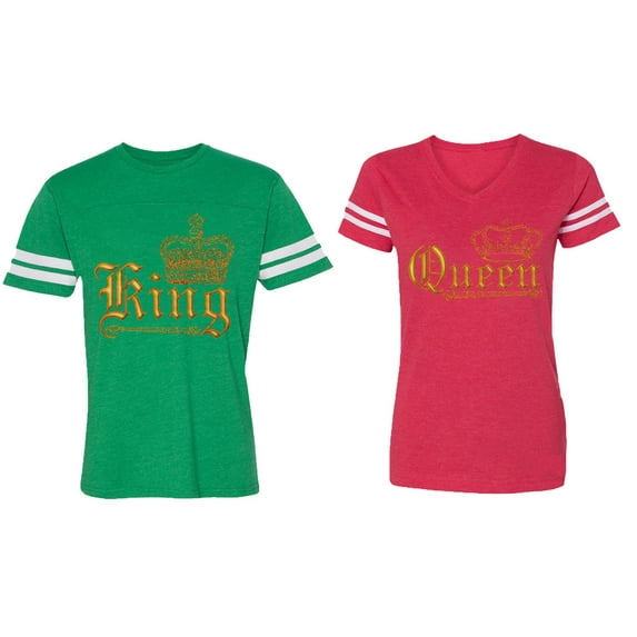 Wild King Queen Matching Couple Cotton Jerseys (Men Green / Women Red) (Men XL / Women XL)