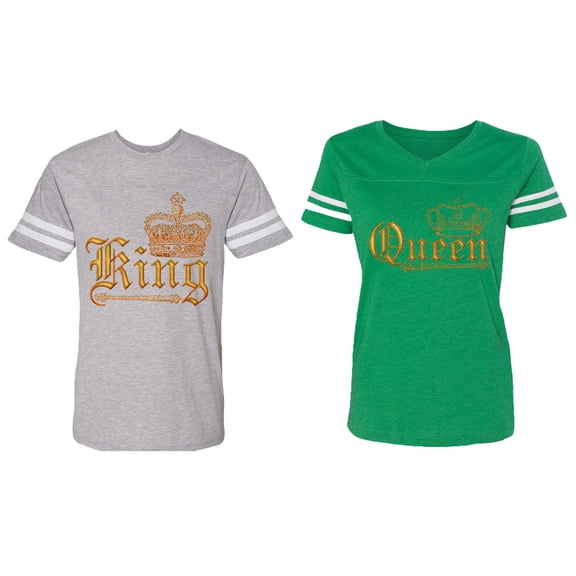 Wild King Queen Matching Couple Cotton Jerseys (Men Heather / Women Green) (Men S / Women XXL)