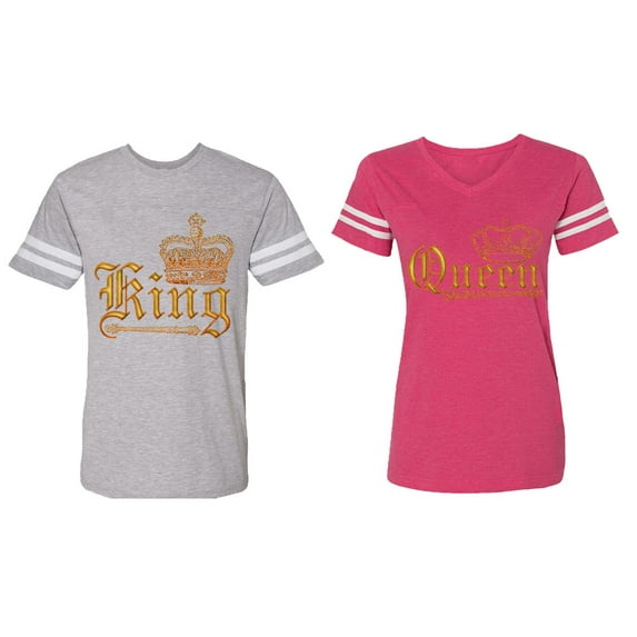 Wild King Queen Matching Couple Cotton Jerseys (Men Heather / Women Pink) (Men XL / Women XXL)
