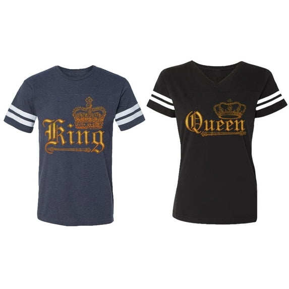 Wild King Queen Matching Couple Cotton Jerseys (Men Navy / Women Black) (Men XXL / Women XL)