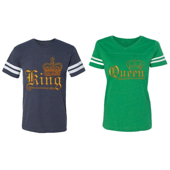 Wild King Queen Matching Couple Cotton Jerseys (Men Navy / Women Green) (Men S / Women L)
