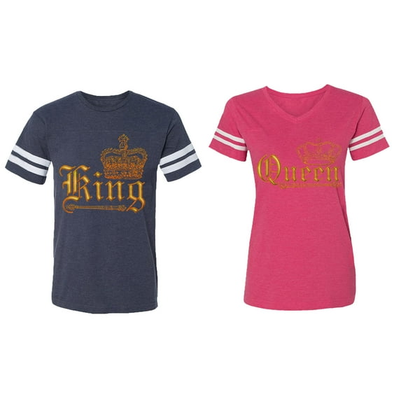 Wild King Queen Matching Couple Cotton Jerseys (Men Navy / Women Pink) (Men M / Women M)