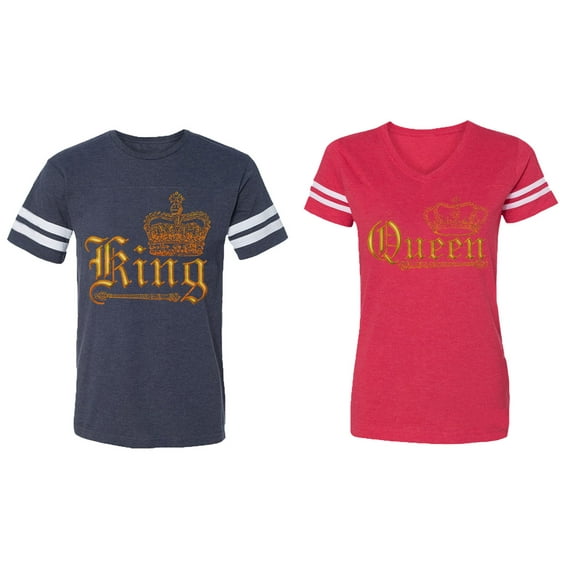 Wild King Queen Matching Couple Cotton Jerseys (Men Navy / Women Red) (Men XL / Women L)