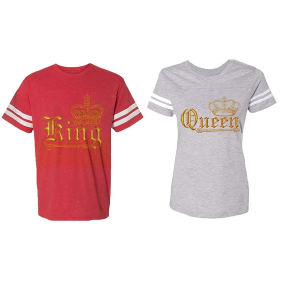 Wild King Queen Matching Couple Cotton Jerseys (Men Red / Women Heather) (Men XL / Women S)