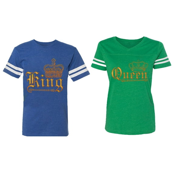 Wild King Queen Matching Couple Cotton Jerseys (Men Royal / Women Green) (Men L / Women M)