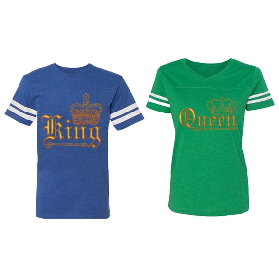 Wild King Queen Matching Couple Cotton Jerseys (Men Royal / Women Green) (Men M / Women XXL)