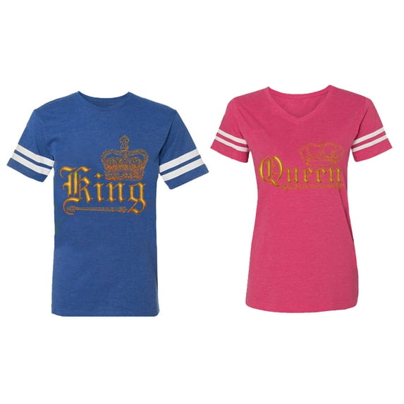 Wild King Queen Matching Couple Cotton Jerseys (Men Royal / Women Pink) (Men M / Women XXL)