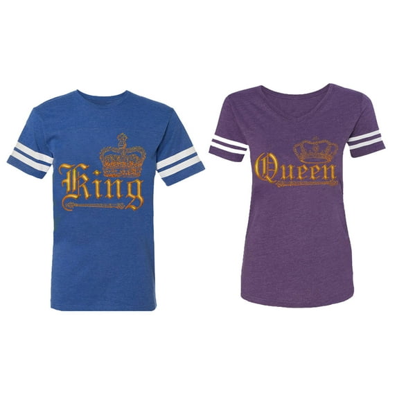 Wild King Queen Matching Couple Cotton Jerseys (Men Royal / Women Purple) (Men M / Women XL)