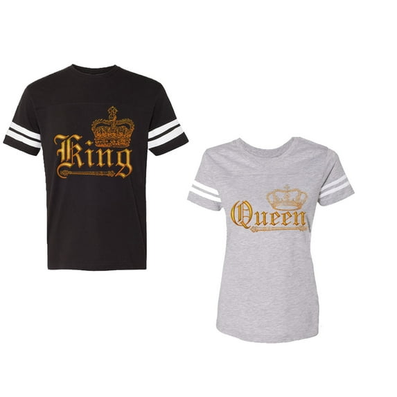 Wild King Queen Unisex Couple Matching Cotton Jersey style T-Shirt Contrasting stripes on sleeves (Men Black / Women Heather) (Men XL / Women S)