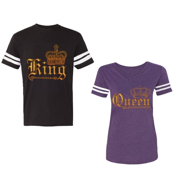 Wild King Queen Unisex Couple Matching Cotton Jersey style T-Shirt Contrasting stripes on sleeves (Men Black / Women Purple) (Men XXL / Women S)
