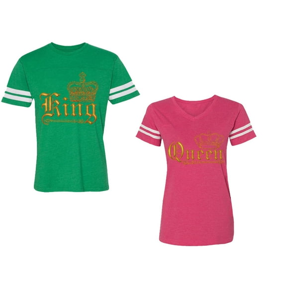Wild King Queen Unisex Couple Matching Cotton Jersey style T-Shirt Contrasting stripes on sleeves (Men Green / Women Pink) (Men S / Women S)