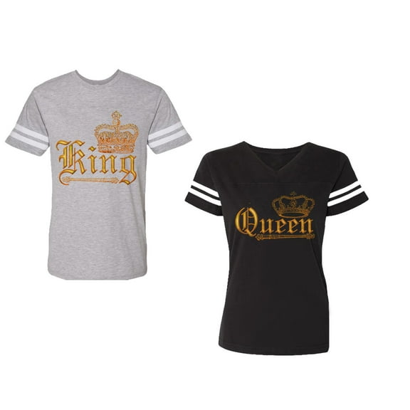 Wild King Queen Unisex Couple Matching Cotton Jersey style T-Shirt Contrasting stripes on sleeves (Men Heather / Women Black) (Men S / Women S)