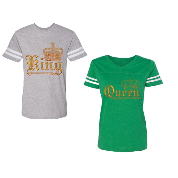 Wild King Queen Unisex Couple Matching Cotton Jersey style T-Shirt Contrasting stripes on sleeves (Men Heather / Women Green) (Men XL / Women XL)