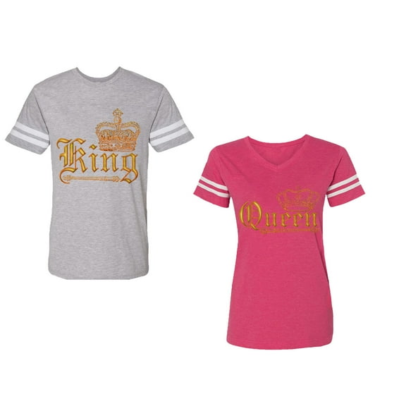 Wild King Queen Unisex Couple Matching Cotton Jersey style T-Shirt Contrasting stripes on sleeves (Men Heather / Women Pink) (Men XL / Women S)