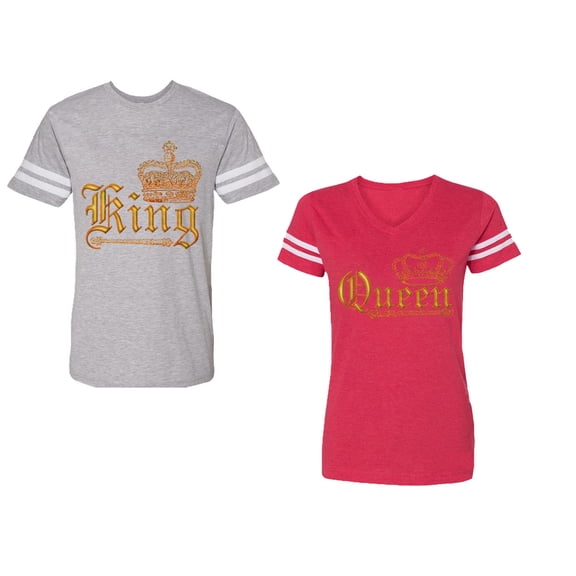 Wild King Queen Unisex Couple Matching Cotton Jersey style T-Shirt Contrasting stripes on sleeves (Men Heather / Women Red) (Men L / Women L)