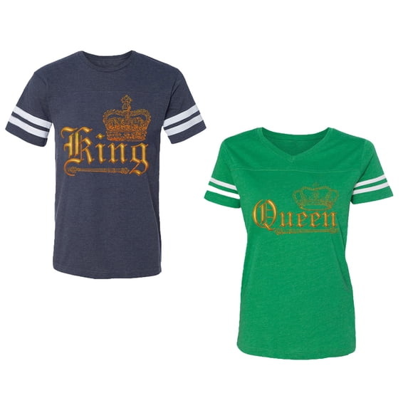 Wild King Queen Unisex Couple Matching Cotton Jersey style T-Shirt Contrasting stripes on sleeves (Men Navy / Women Green) (Men XXL / Women XL)