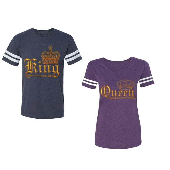 Wild King Queen Unisex Couple Matching Cotton Jersey style T-Shirt Contrasting stripes on sleeves (Men Navy / Women Purple) (Men L / Women S)