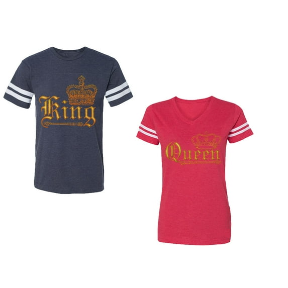 Wild King Queen Unisex Couple Matching Cotton Jersey style T-Shirt Contrasting stripes on sleeves (Men Navy / Women Red) (Men XXL / Women M)