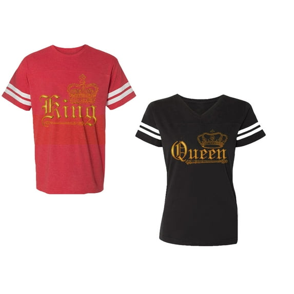 Wild King Queen Unisex Couple Matching Cotton Jersey style T-Shirt Contrasting stripes on sleeves (Men Red / Women Black) (Men M / Women S)