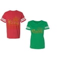 thumbnail image 1 of Wild King Queen Unisex Couple Matching Cotton Jersey style T-Shirt Contrasting stripes on sleeves (Men Red / Women Green) (Men L / Women L), 1 of 3