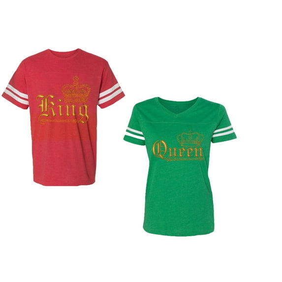 Wild King Queen Unisex Couple Matching Cotton Jersey style T-Shirt Contrasting stripes on sleeves (Men Red / Women Green) (Men L / Women L)