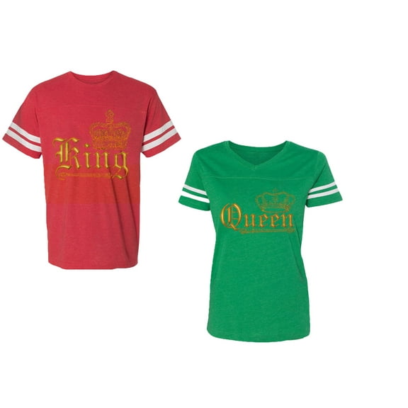 Wild King Queen Unisex Couple Matching Cotton Jersey style T-Shirt Contrasting stripes on sleeves (Men Red / Women Green) (Men XXL / Women M)