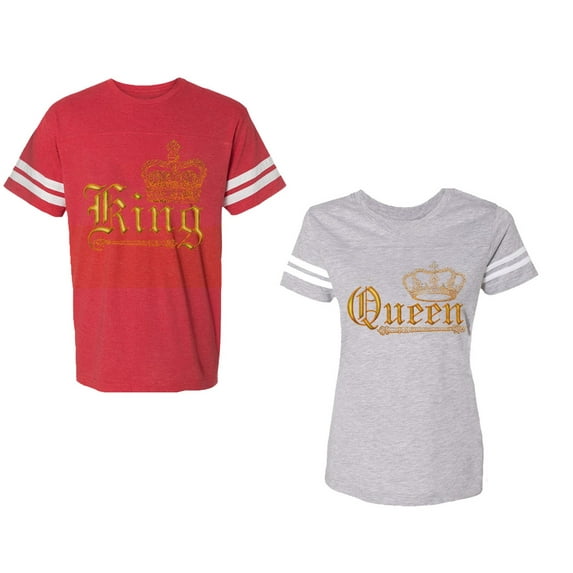 Wild King Queen Unisex Couple Matching Cotton Jersey style T-Shirt Contrasting stripes on sleeves (Men Red / Women Heather) (Men XL / Women M)