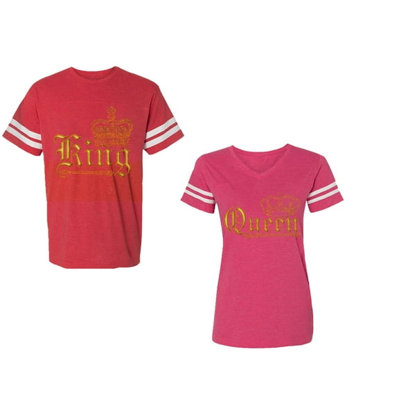 Wild King Queen Unisex Couple Matching Cotton Jersey style T-Shirt Contrasting stripes on sleeves (Men Red / Women Pink) (Men XL / Women XXL)