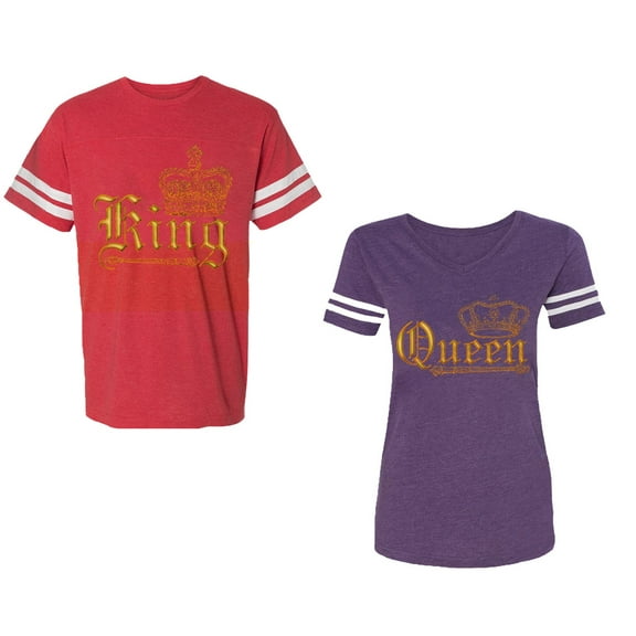 Wild King Queen Unisex Couple Matching Cotton Jersey style T-Shirt Contrasting stripes on sleeves (Men Red / Women Purple) (Men M / Women S)