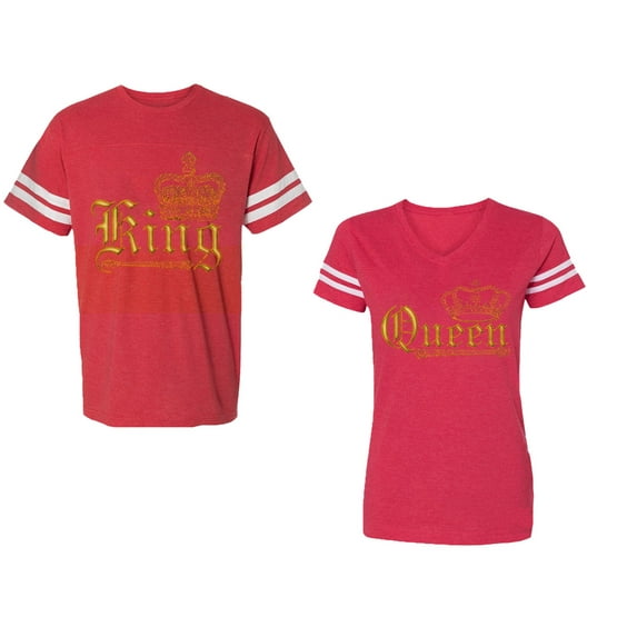 Wild King Queen Unisex Couple Matching Cotton Jersey style T-Shirt Contrasting stripes on sleeves (Men Red / Women Red) (Men S / Women M)