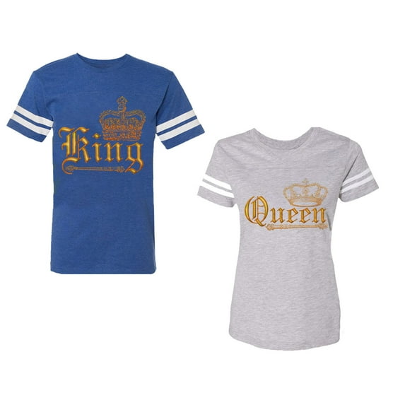 Wild King Queen Unisex Couple Matching Cotton Jersey style T-Shirt Contrasting stripes on sleeves (Men Royal / Women Heather) (Men M / Women M)