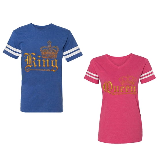 Wild King Queen Unisex Couple Matching Cotton Jersey style T-Shirt Contrasting stripes on sleeves (Men Royal / Women Pink) (Men S / Women M)