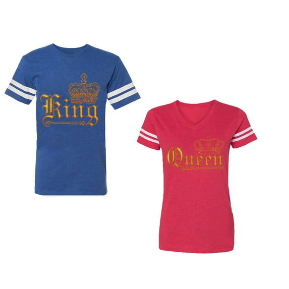 Wild King Queen Unisex Couple Matching Cotton Jersey style T-Shirt Contrasting stripes on sleeves (Men Royal / Women Red) (Men XXL / Women XL)