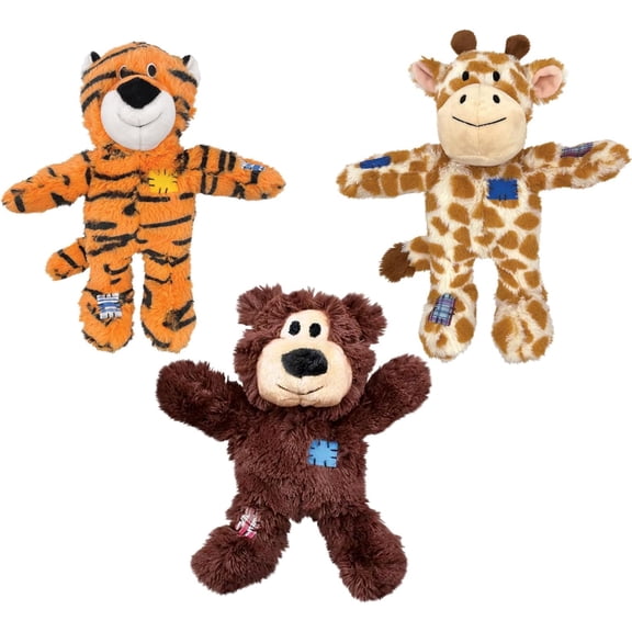 Wild Knots Dog Toys 3 Pack – Bear, Giraffe & Tiger – Durable Plush Toys with Internal Knotted Rope & Squeaker – Soft Outside, Tough Inside – Ideal for Tugging & Chewing (Small/Medium)