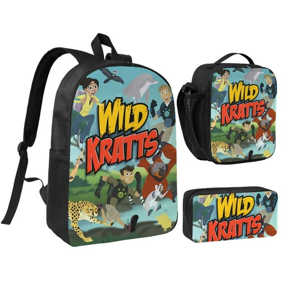 Wild Kratts Back-Pack With Lunch Box And Pencil Case 3 Pcs Large Capacity Shoulder Bag For Travel Hiking