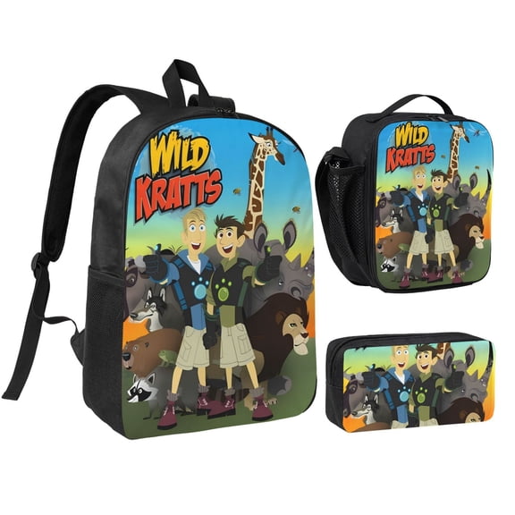 Wild Kratts Back-Pack With Lunch Box And Pencil Case 3 Pcs Large Capacity Shoulder Bag For Travel Hiking