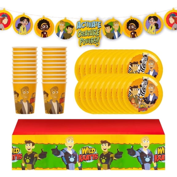 Wild Kratts Birthday Party Kit - 20 Plates, 20 Cups, 1 Tablecloth & 1 Banner - Educational Adventure Supplies