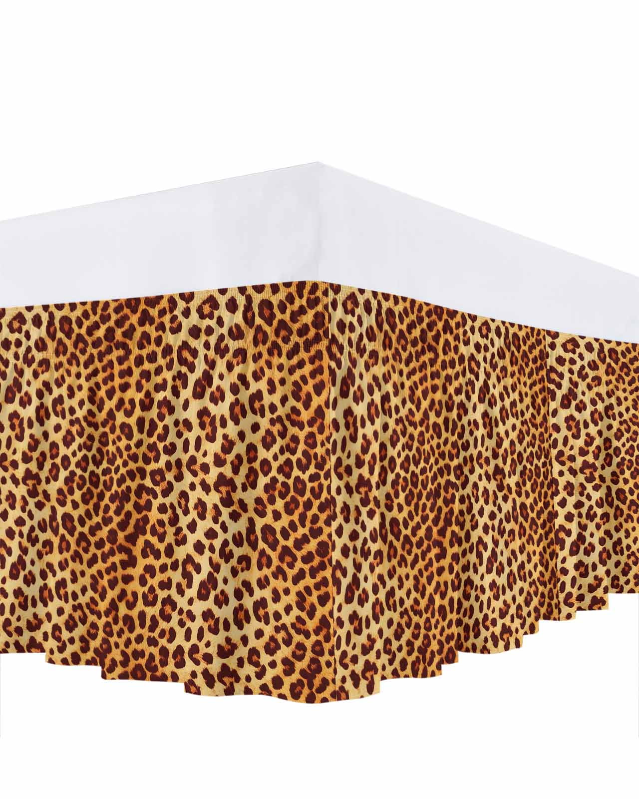 Wild Leopard Bed Skirt Animal Skin Pattern Vintage Leopard Bed Skirts Queen Size 16 Inch Drop, Wrap Around Dust Ruffle&nbsp;Bedskirt with Adjustable Elastic Belt for Queen Size Beds