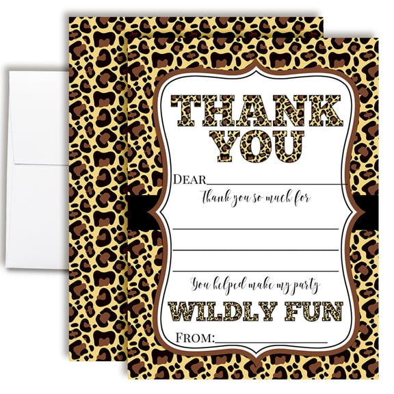 Wild Leopard Birthday Thank You Cards for Kids  10 Cards with Envelopes  4.5x5 Fill In the Blank Thank You Notes, Kids Birthday Party Stationery by Amanda Creation
