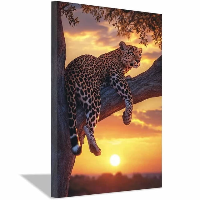 Wild Leopard Lounging Thick Tree Branch Warm Sunset Savannah Sky Canvas ...