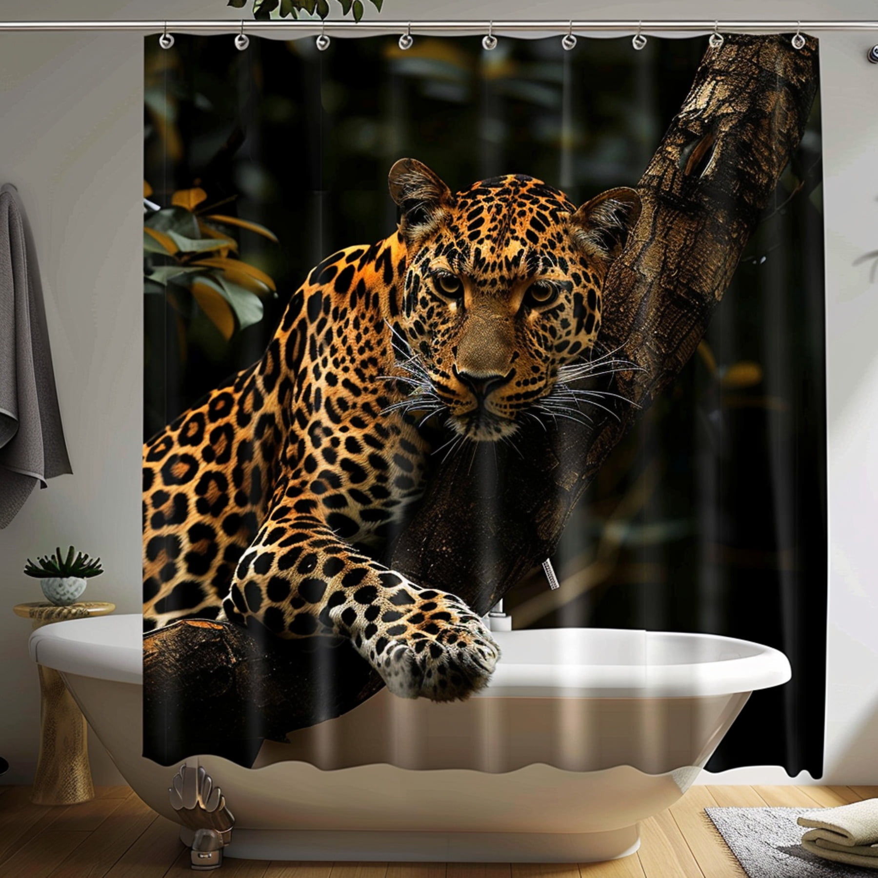 Wild Leopard Night Scene Shower Curtain Hyper Realistic Bathroom Decor ...