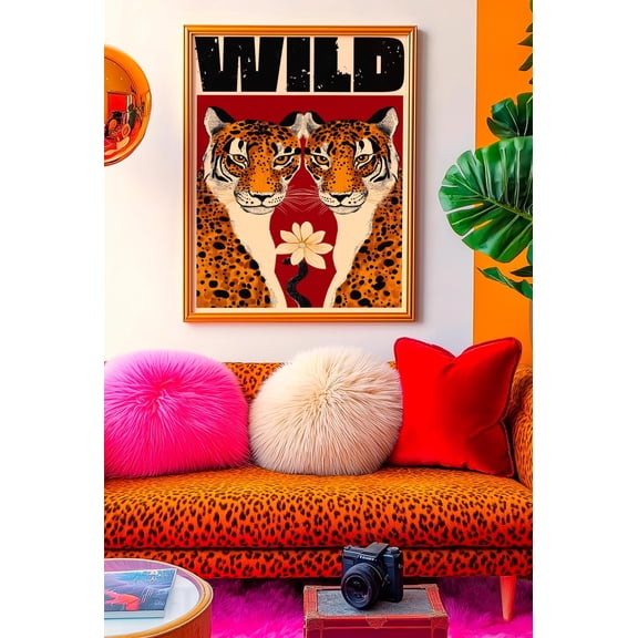 Wild Leopard Retro Red Jungle Maximalist Poster Unframed Paper Print
