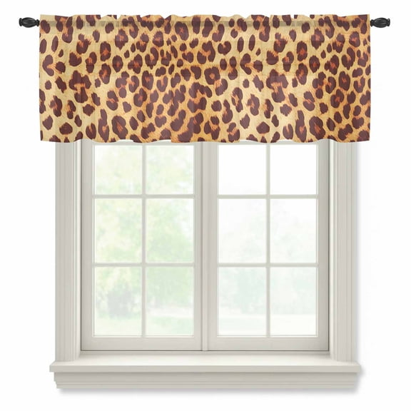 Wild Leopard Semi Sheer Valance Curtains Animal Skin Pattern Vintage Leopard Voile Valances Curtain Rod Pocket Small Window Treatment for Kitchen Bathroom Cafe 42"x18"