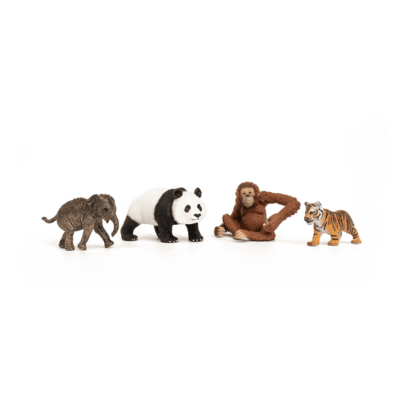 Schleich Wild Life - 4PC Asia Starter Set - Miniature Wildlife Animal Set With Elephant Calf, Giant Panda, Orangutan, & Tiger Cub - Kids 3+