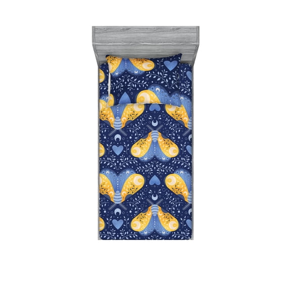 Wild Life Fitted Sheet & Pillow Sham Set, Celestial Inspired Moth Drawing With Moon and Leaves Greenery Artwork, Decorative Printed 2 Piece Bedding Decor, Twin, Dark Lavender Mustard, by Ambesonne