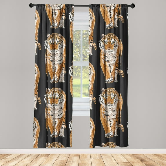 Wild Life Window Curtains, Exotic Jungle Themed Tiger Pattern With Modern Neutral Colors Boho Print, Lightweight Decor 2-Panel Set with Rod Pocket, Pair of - 28"x63", Charcoal Grey Amber, by Ambesonne