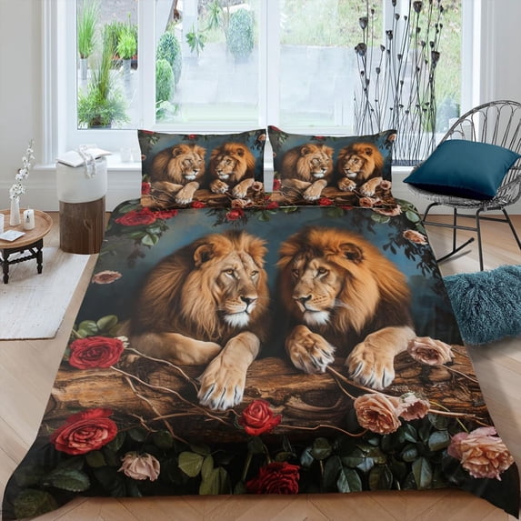 Wild Lions Duvet CoverRoses Bedding Set Botanical Floral Leaf Bed Sets Red Flower Green Leaves Quilt Cover Natural Animal Plant Comforter Cover