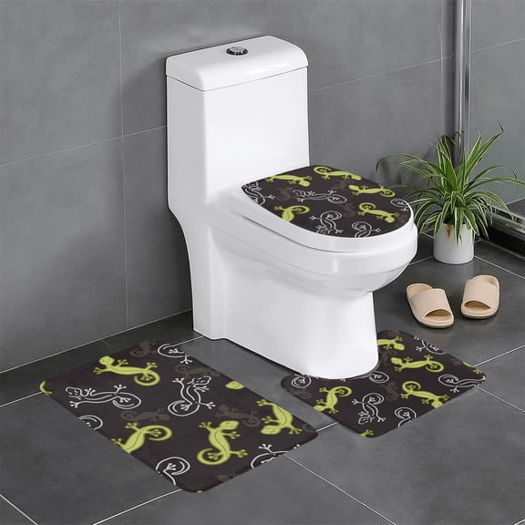 Wild Lizard Gecko Silhouette Art 3-Piece Bathroom Rug Set Non-Slip Flannel Bath Mat 24"x16" U-Shaped Contour Mat Toilet Lid Cover